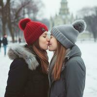 Loving homosexual womans couple is enjoying a romantic winter day AI Generative photo