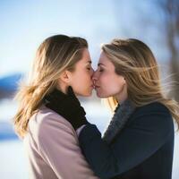 Loving homosexual womans couple is enjoying a romantic winter day AI Generative photo