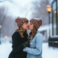 Loving homosexual womans couple is enjoying a romantic winter day AI Generative photo