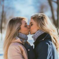 amoroso homosexual mujeres Pareja es disfrutando un romántico invierno día ai generativo foto