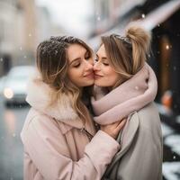 amoroso homosexual mujeres Pareja es disfrutando un romántico invierno día ai generativo foto