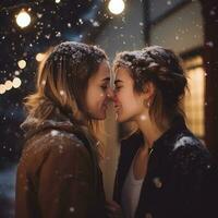 Loving homosexual womans couple is enjoying a romantic winter day AI Generative photo