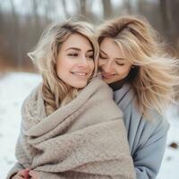 Loving homosexual womans couple is enjoying a romantic winter day AI Generative photo