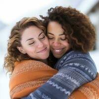 Loving homosexual womans couple is enjoying a romantic winter day AI Generative photo