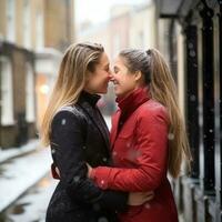 amoroso homosexual mujeres Pareja es disfrutando un romántico invierno día ai generativo foto