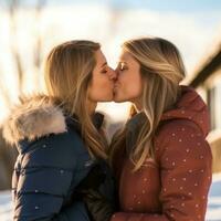 amoroso homosexual mujeres Pareja es disfrutando un romántico invierno día ai generativo foto