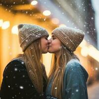 Loving homosexual womans couple is enjoying a romantic winter day AI Generative photo