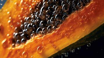 Generative AI, Macro Fresh half of papaya fruit background. Tropical exotic closeup photo with drops