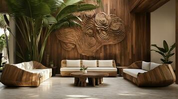 Generative AI, boho hotel lobby interior, wooden furniture, modern entrance hall photo