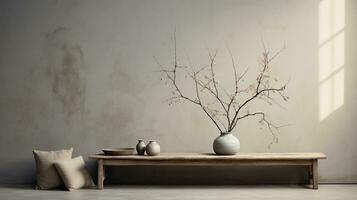 generativo ai, calentar neutral wabi sabi estilo interior Bosquejo, japonés minimalista estilo, sucio pared foto