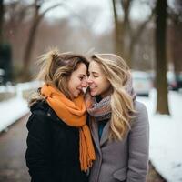 amoroso homosexual mujeres Pareja es disfrutando un romántico invierno día ai generativo foto