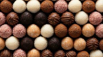 Generative AI, Chocolate candy balls, close up traditional Brazilian brigadeiro photo