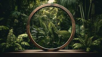 Generative AI, Empty circle wooden frame and tropical leaves on jungle background. For product display. photo