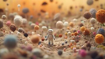 Generative AI, Space adventure illustration made of wool. Cosmic planet craft landscape with astronaut. photo