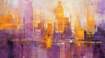 generativo ai, resumen petróleo pintura de un ciudad con negrita golpes en púrpura y naranja colores, antecedentes con un rascacielos foto