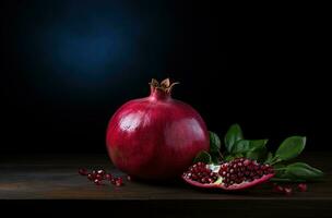 Generative AI, Fresh Juicy whole or half of pomegranate fruit with water drops, still life on dark background. Closeup photo