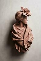 Generative AI, Photorealistic antique sculpture and flowers, muted neutral colors, 3d style ceramic statue photo