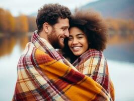 Loving interracial couple is enjoying a romantic autumn day AI Generative photo