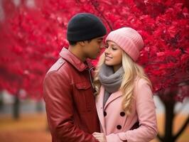 amoroso interracial Pareja es disfrutando un romántico otoño día ai generativo foto