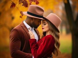 amoroso interracial Pareja es disfrutando un romántico otoño día ai generativo foto