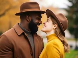 amoroso interracial Pareja es disfrutando un romántico otoño día ai generativo foto