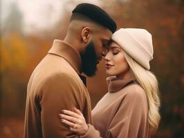 amoroso interracial Pareja es disfrutando un romántico otoño día ai generativo foto