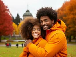 amoroso interracial Pareja es disfrutando un romántico otoño día ai generativo foto