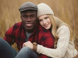 amoroso interracial Pareja es disfrutando un romántico otoño día ai generativo foto