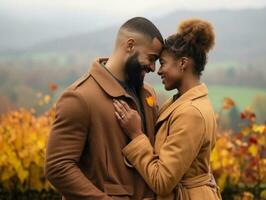 amoroso interracial Pareja es disfrutando un romántico otoño día ai generativo foto