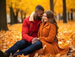 amoroso interracial Pareja es disfrutando un romántico otoño día ai generativo foto