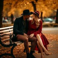 amoroso interracial Pareja es disfrutando un romántico otoño día ai generativo foto