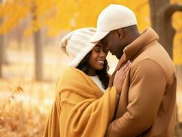 Loving interracial couple is enjoying a romantic autumn day AI Generative photo