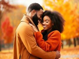 Loving interracial couple is enjoying a romantic autumn day AI Generative photo