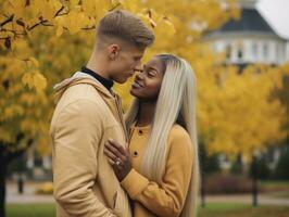 amoroso interracial Pareja es disfrutando un romántico otoño día ai generativo foto