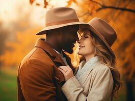 amoroso interracial Pareja es disfrutando un romántico otoño día ai generativo foto