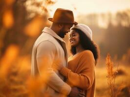 Loving interracial couple is enjoying a romantic autumn day AI Generative photo