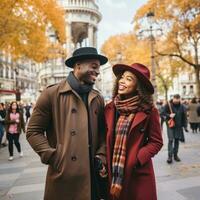 Loving interracial couple is enjoying a romantic autumn day AI Generative photo