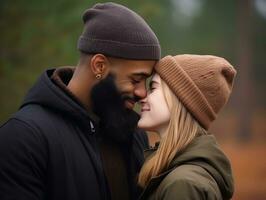 amoroso interracial Pareja es disfrutando un romántico otoño día ai generativo foto