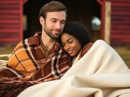 Loving interracial couple is enjoying a romantic autumn day AI Generative photo