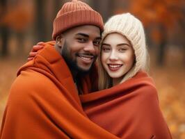 amoroso interracial Pareja es disfrutando un romántico otoño día ai generativo foto