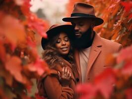 amoroso interracial Pareja es disfrutando un romántico otoño día ai generativo foto