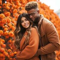 Loving interracial couple is enjoying a romantic autumn day AI Generative photo