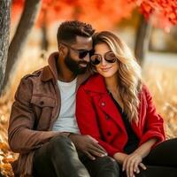 Loving interracial couple is enjoying a romantic autumn day AI Generative photo