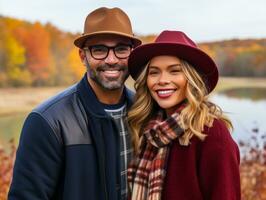 Loving interracial couple is enjoying a romantic autumn day AI Generative photo