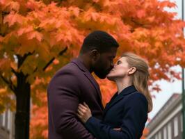 Loving interracial couple is enjoying a romantic autumn day AI Generative photo