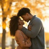 Loving interracial couple is enjoying a romantic autumn day AI Generative photo