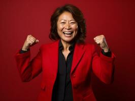 40 year old asian woman in emotional dynamic pose on solid background AI Generative photo
