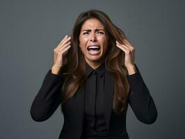 40 year old mexican woman in emotional dynamic pose on solid background AI Generative photo