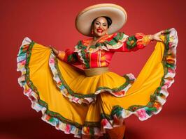 40 año antiguo mexicano mujer en emocional dinámica actitud en sólido antecedentes ai generativo foto