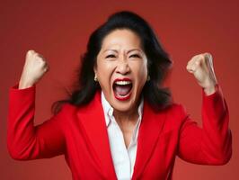 50 year old asian woman in emotional dynamic pose on solid background AI Generative photo